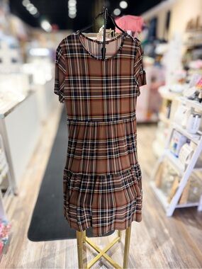Brown Plaid Tiered Short Sleeve Dress